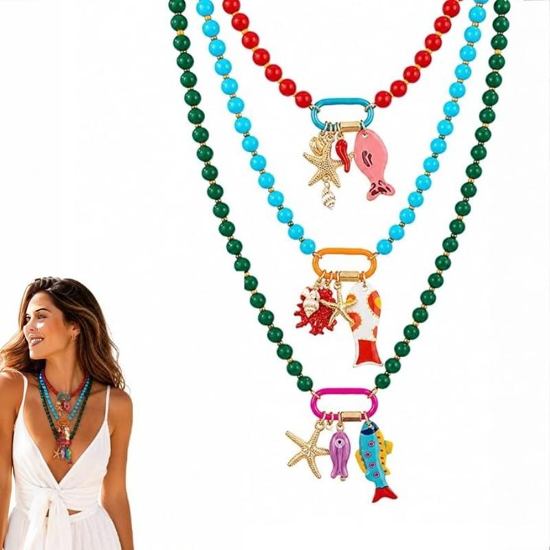 3pc Summer Layered Beaded Dopamine Necklace Set - Colorful Fish and Starfish Charms, Chunky Stack Layering Beach Style Multi-layer Resin Pendant