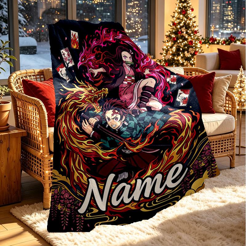 Custom Name Personalized Demon Slayer Print Blanket, Home Decor, Bedroom, Sofa, Camping, Couch, Gifts for Birthday Christmas