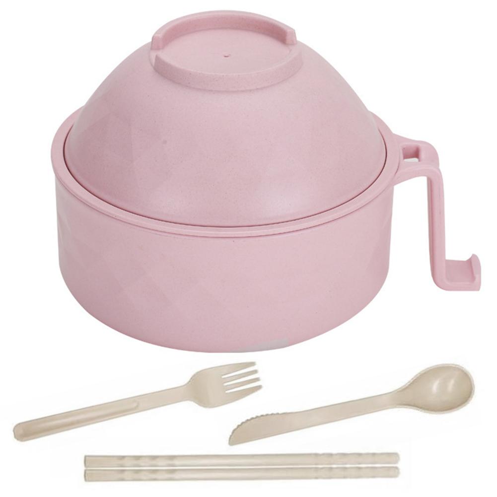 Ramen Bowl Spoon Fork Chopsticks Dinnerware Set with Lid & Handle (Light Pink)