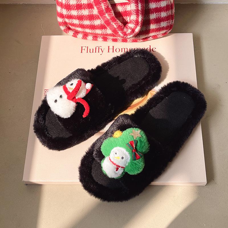 Теплые пушистые тапочки женские толстые пушистые меховые тапочки снеговик новогодняя елка домик шлепанцы домашние тапочки плоская домашняя обувь на полу