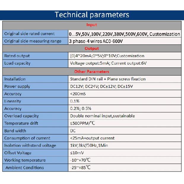 3ph AC Voltage Transmitter 5V/10V/50V/100V/200V/600V Transducer 4-20mA 5V 10V Output DC24V Power Supply Voltage Sensor