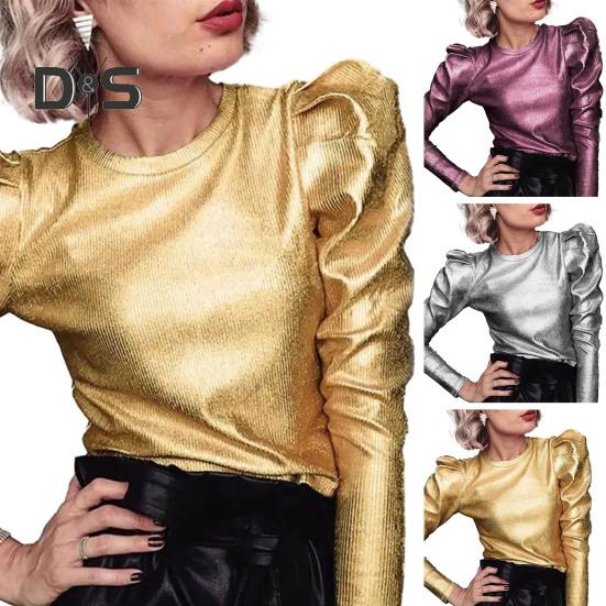 Spring Autumn Women Tops Round Neck Long Sleeve Pullover Tops Punk Style Solid Pink/Golden/Silver Color Loose Casual T-shirt Ladies Fashion Casual