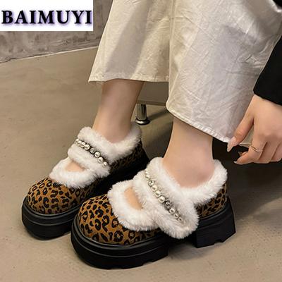 Леопардовые меховые туфли на плоской платформе женские зимние ботильоны туфли Мэри Джейн 2025 тренд зима новые короткие плюшевые сапоги в стиле Лолиты