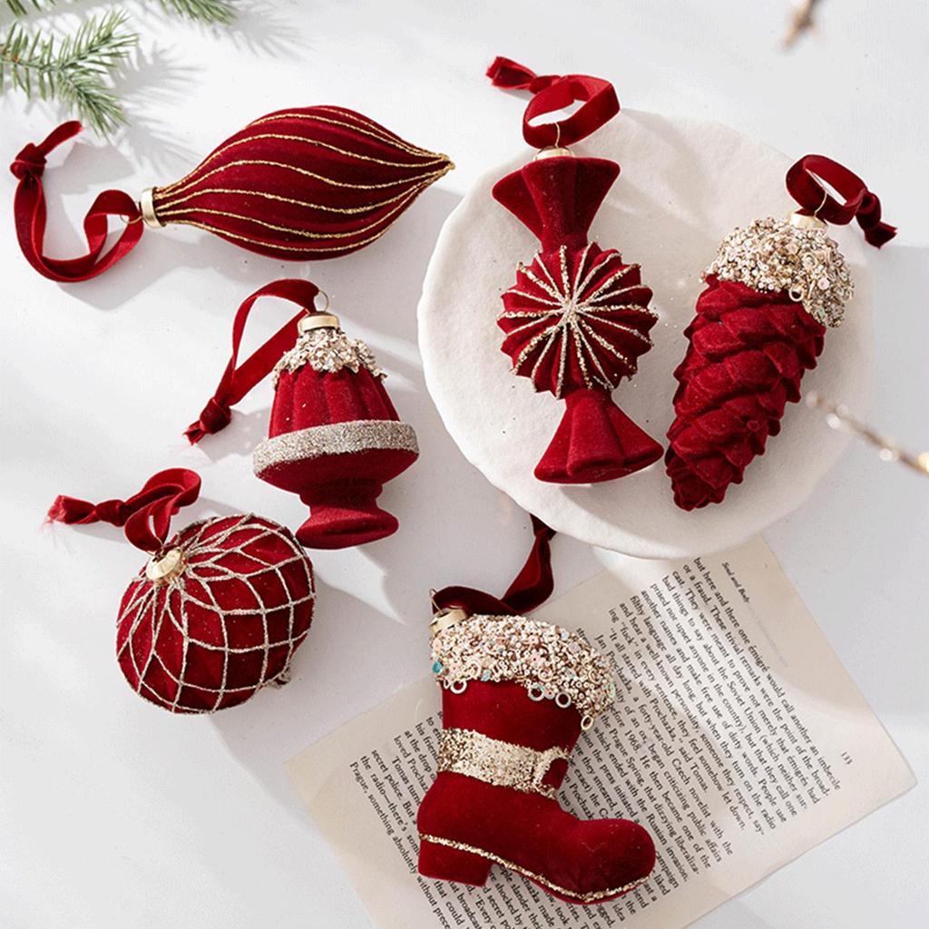 6 шт. Плюшевые конфеты винного цвета, сосновые шишки, украшение для рождественской елки, флокированные шары на рождественскую тематику, украшение для гостиной