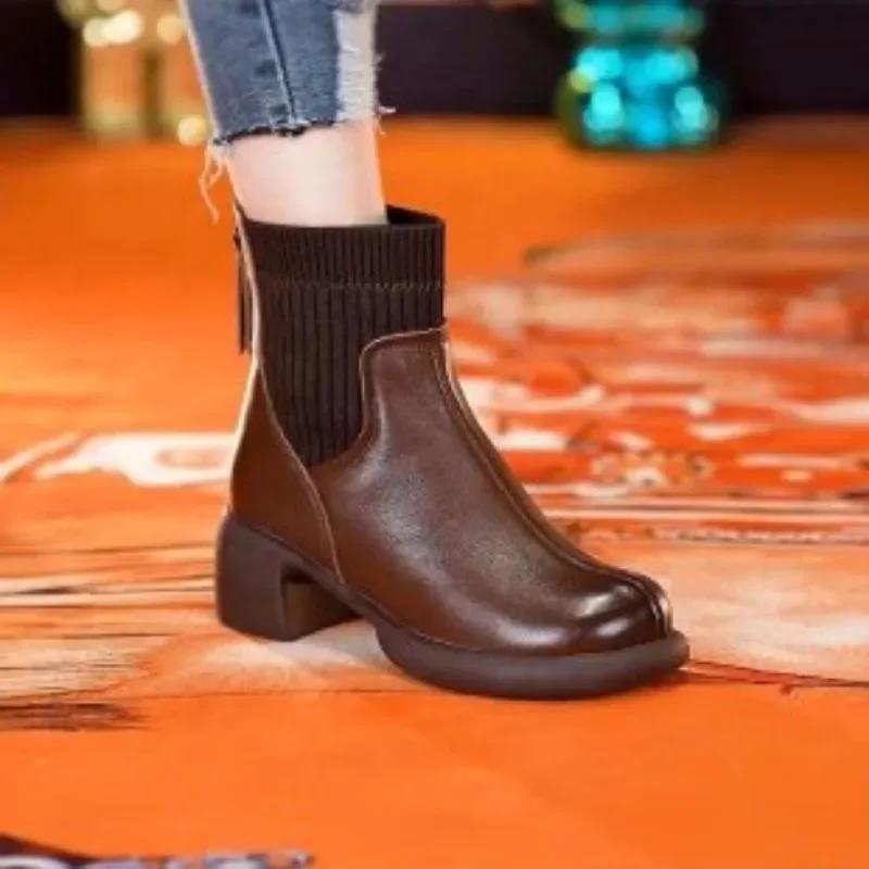 Fashion 2024 Ladies Shoes Warm Modern Women's Boots Classics Ankle Boots Women Knitted Round Toe Med Heel Back Zip Sewing Shoes Women