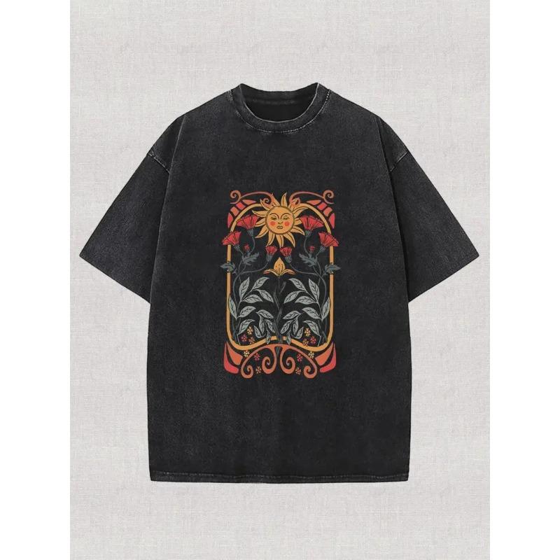 Washed T-Shirt - Thick Crew Neck Short Sleeve Loose Fit Streetwear Top with Print Suitable for Spring Summer Casual Wear