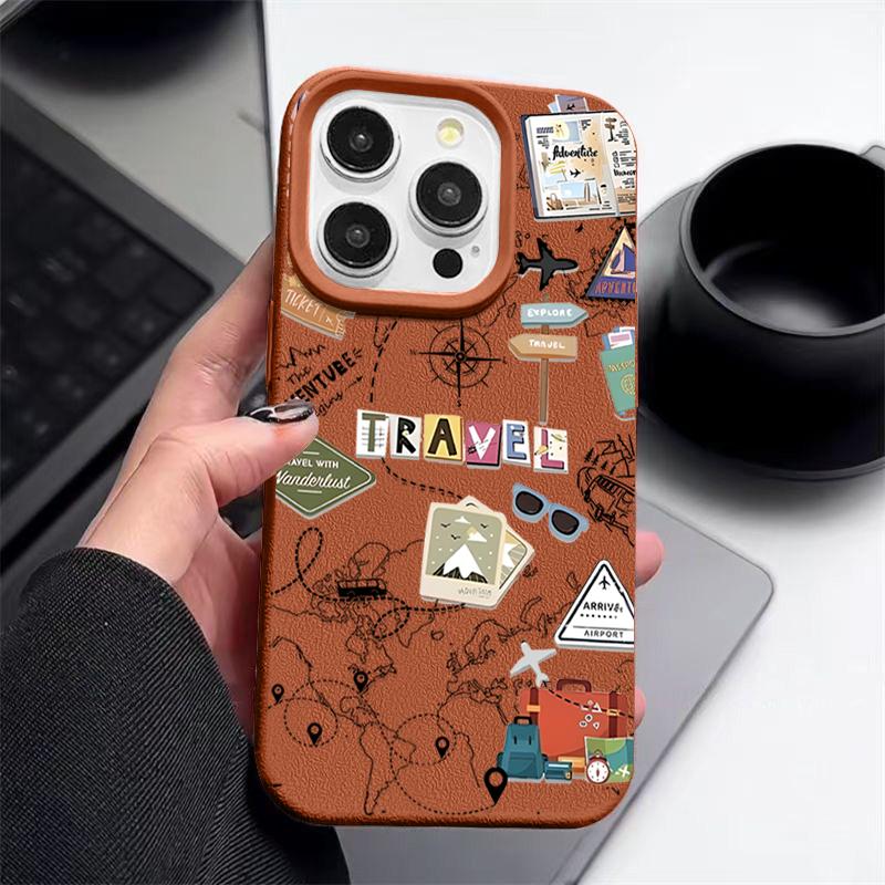 Чехол для телефона с картой путешествий для iPhone 17 Air 16e 16 15 Pro Max 12 13 14 Pro Max 11 Ударопрочный Мягкий ТПУ Силиконовый Чехол с Текстурой Кожи