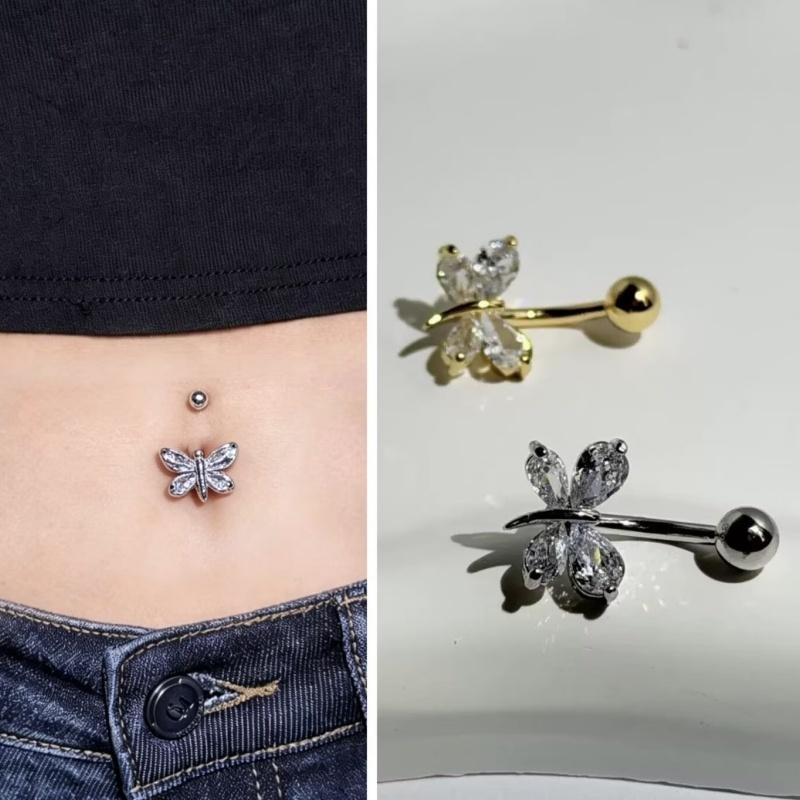 Stainless Steel Belly Button Ring Shiny CZ Flower Design Sweat Resistant Body Piercing Jewelry for Beach Pool