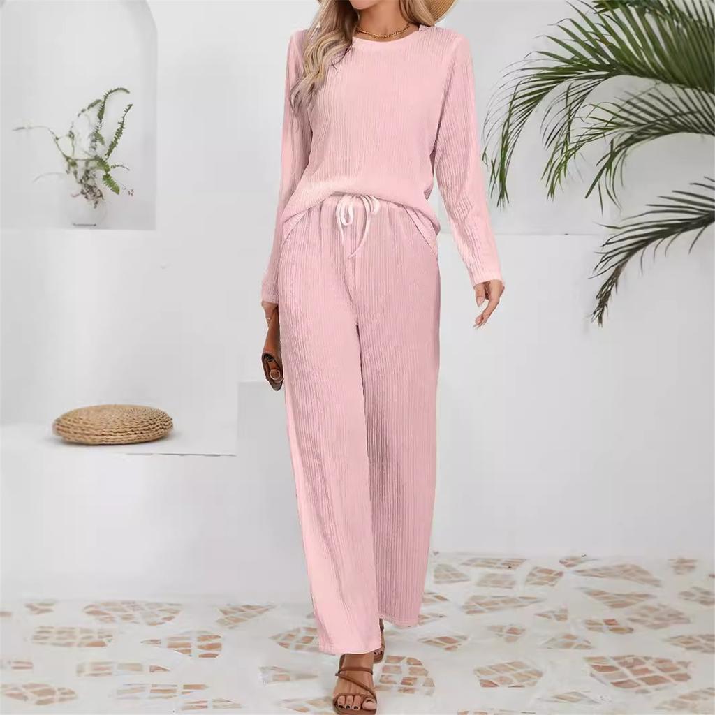 Женские комплекты свободного покроя из трикотажного жаккарда с длинными рукавами и круглым вырезом, брюки с высокой талией и завязками