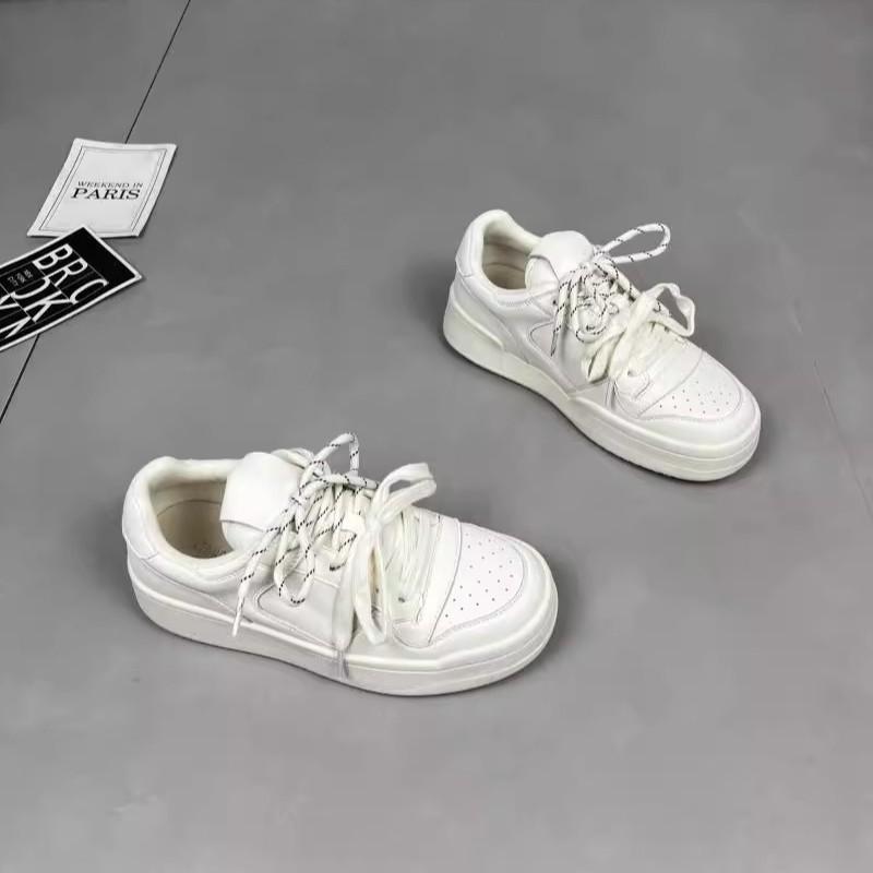 Leather Wheat Cake House Little White Shoes Women's Spring 2025 New Round Head Lace-up Thick-soled Versatile Sports and Leisure Board Shoes