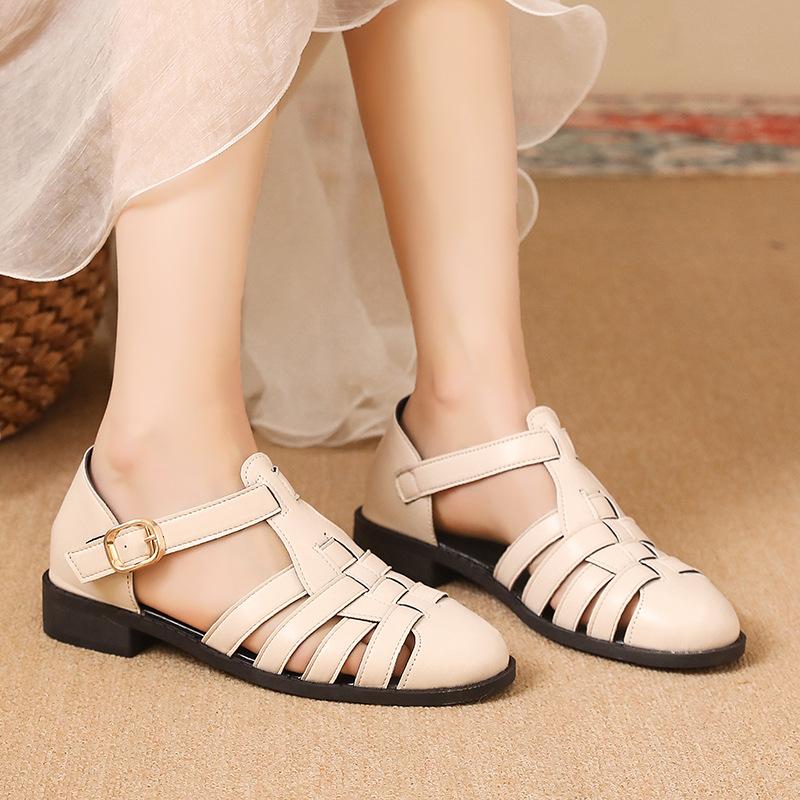 Босоножки Баотоу женские весна-лето новая женская обувь ремешок с пряжкой на одно слово полый толстый каблук низкий каблук римские сандалии ретро кожаная обувь