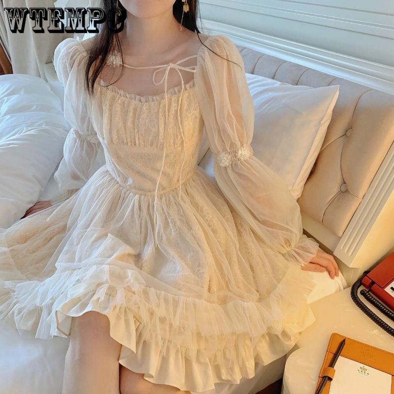 Женское платье в стиле ретро с квадратным вырезом на шнуровке, сказочные нишевые кружевные платья с длинными рукавами