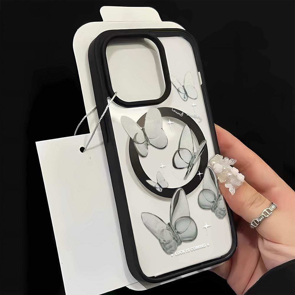 Magsafe Magnetic Wireless Charge Phone Case For iPhone 17 16 15 14 13 12 11 Pro Max Grey Butterfly Cover