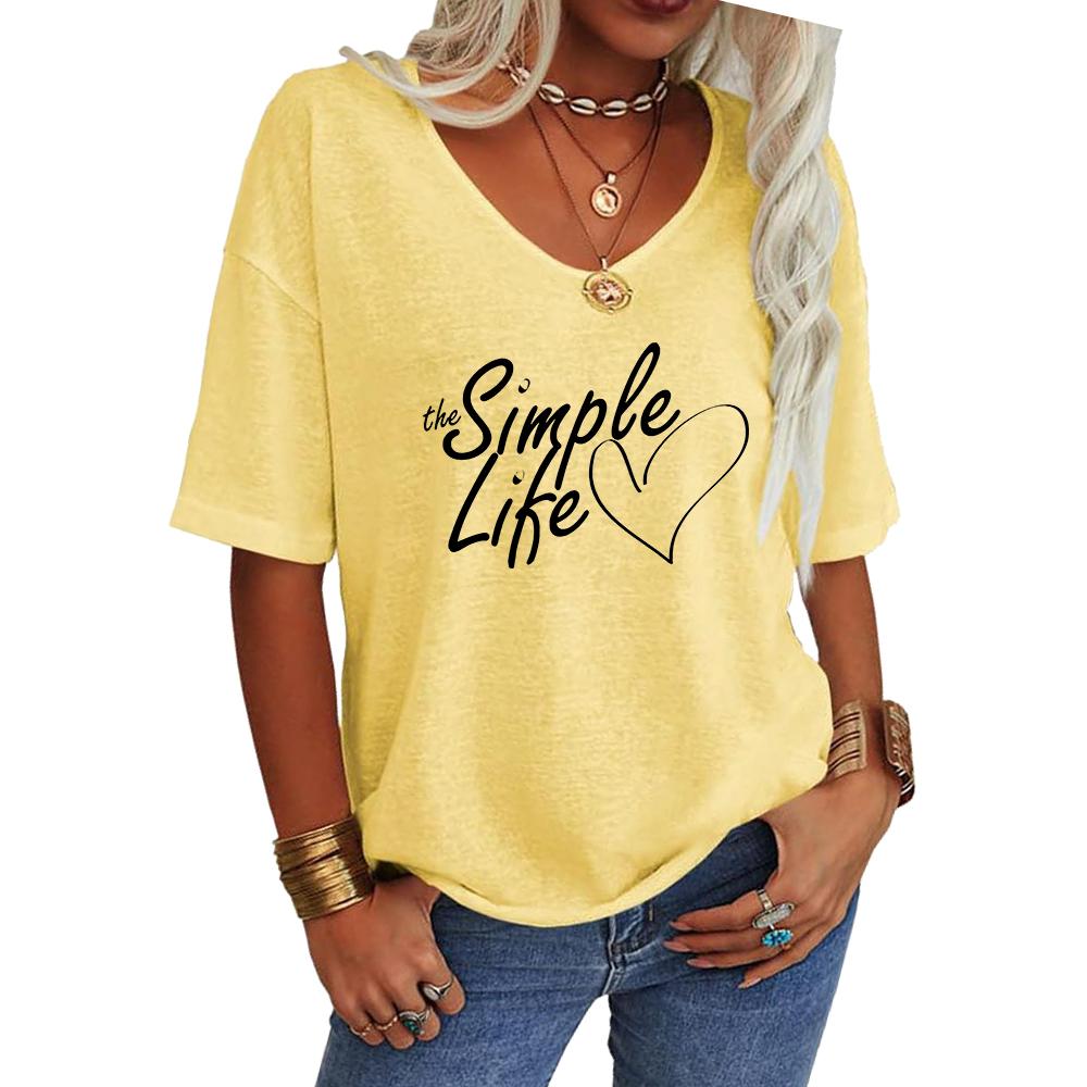Women Fashion V Neck Tee Shirt Summer Casual Short Sleeve Top Loose Letter Print T-shirt