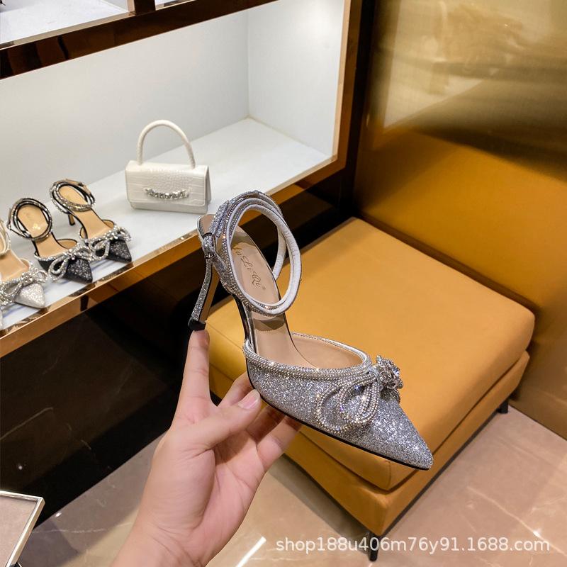 [В наличии] Женские туфли на высоком каблуке 2025 новинка остроносые сандалии на тонком каблуке с дизайном банта из страз нишевые женские