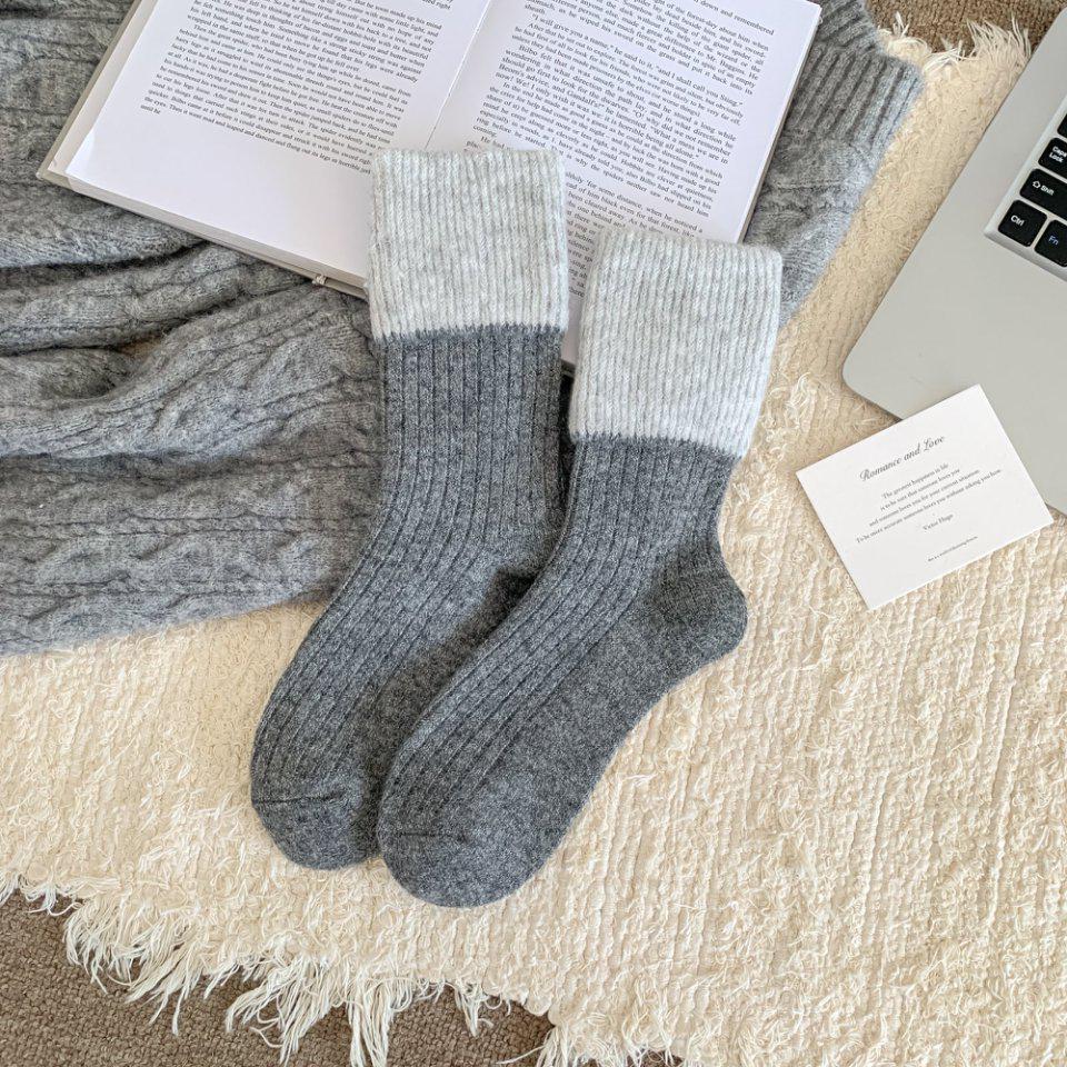 Корейские шерстяные носки с вышивкой в виде сердечка - Двойная резинка, Полосатые с бантом, Толстая флисовая подкладка, Тепло-серые, до щиколотки