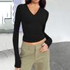 V Neck Long Sleeve Fitted Top, Solid Color Slim Cropped Basic Shirt For Women