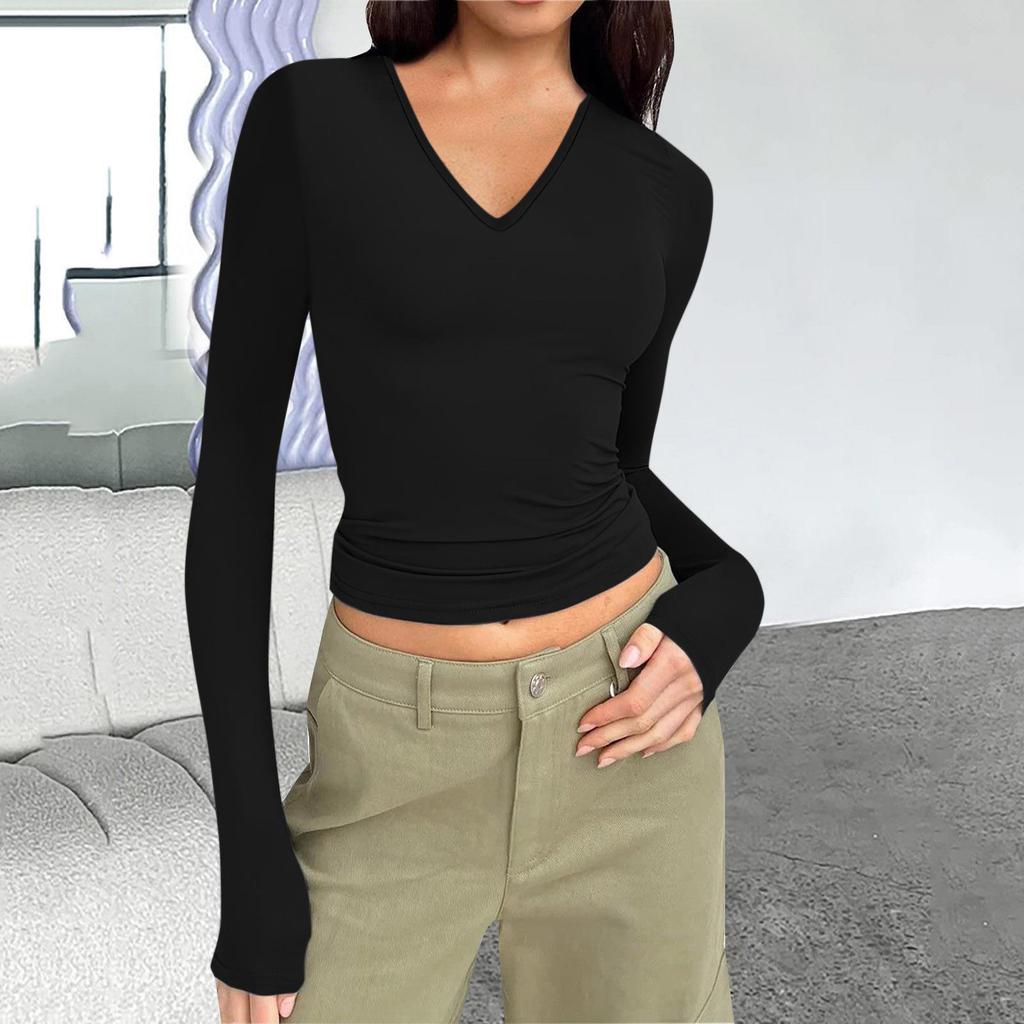 V Neck Long Sleeve Fitted Top, Solid Color Slim Cropped Basic Shirt For Women