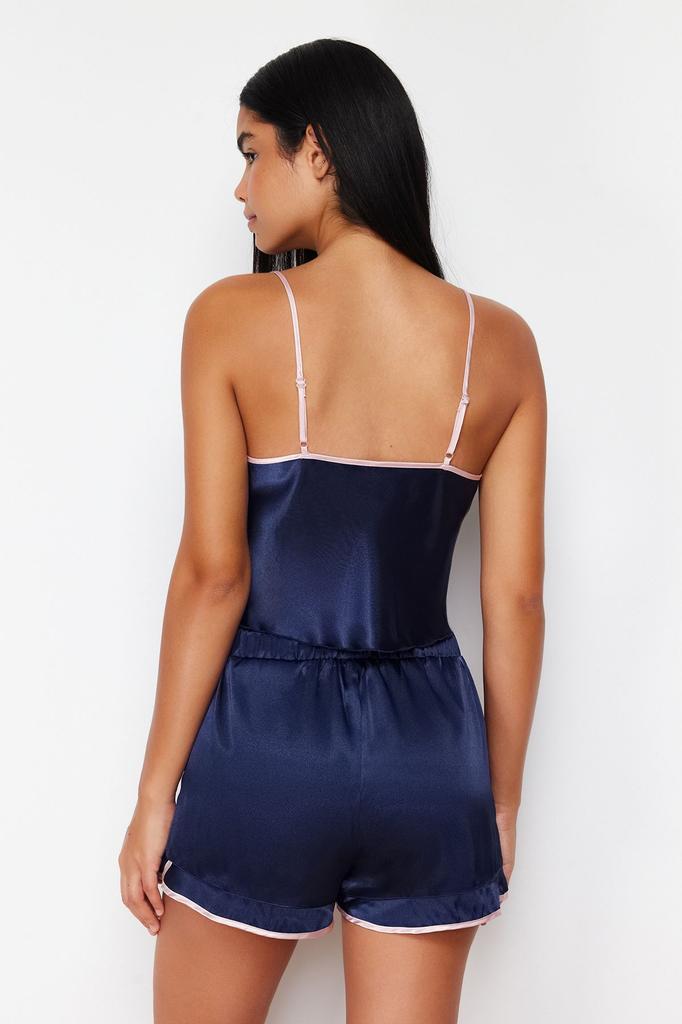 Женский стильный пижамный комплект, темно-синий атласный пижамный комплект с атласной окантовкой и бантом, детализированный веревочный ремень