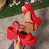 Красные босоножки на толстой платформе с ремешком на щиколотке для женщин, модные плетеные босоножки на танкетке, женские летние 2025, сандалии на толстой подошве