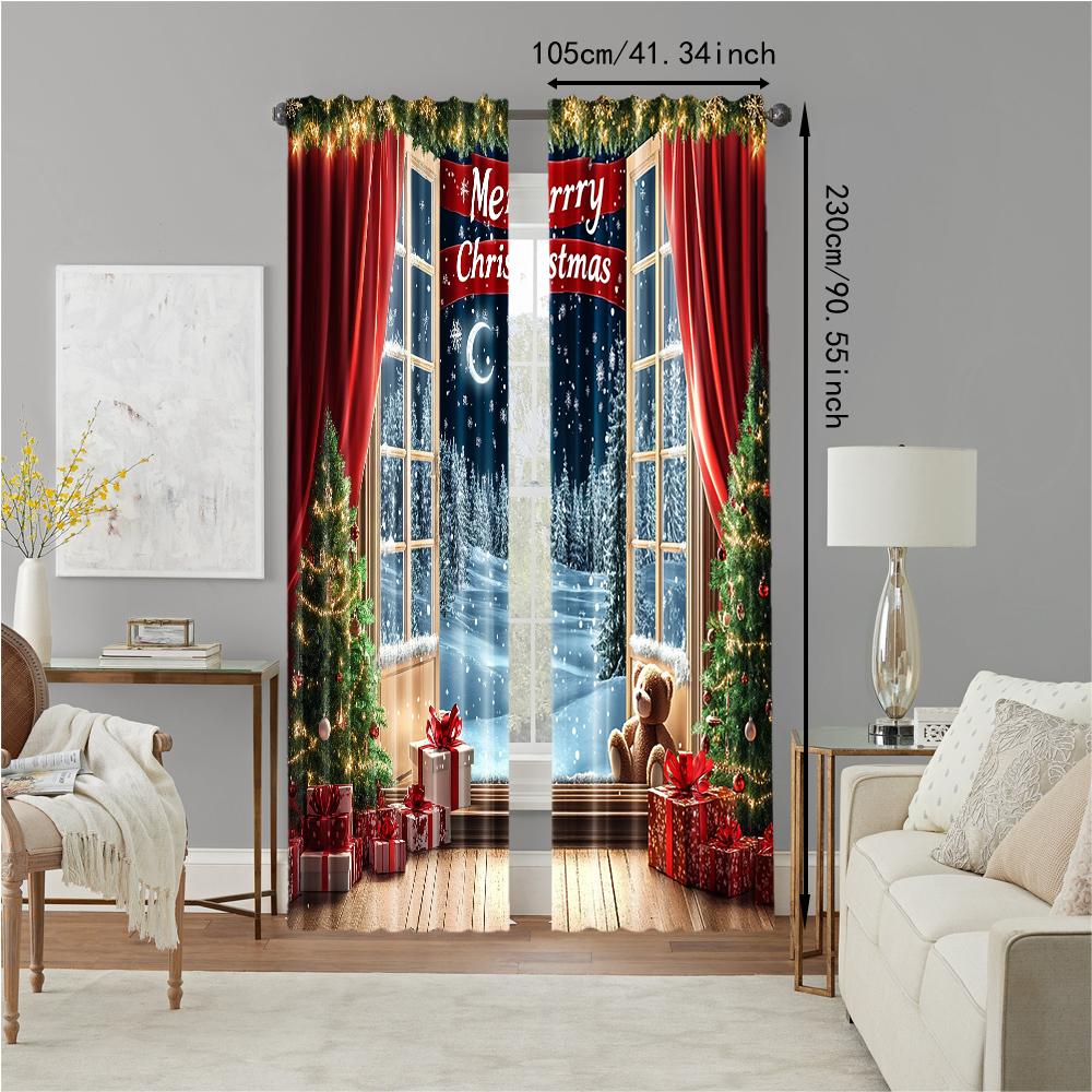 2 шт. Новогодние шторы с принтом елки, дизайн с карманной лентой, машинная стирка, оконные занавески для гостиной и спальни, домашний декор
