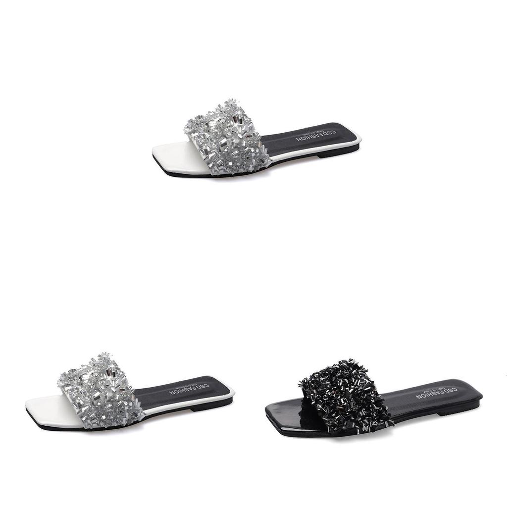 Trendy Flat Rubber Sole Slide Shoes With Sparkle And Fringes For Casual Wear