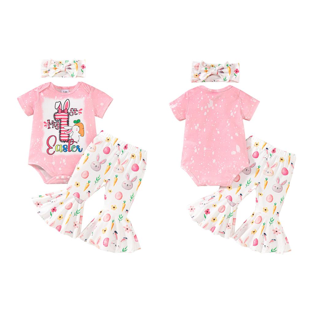 Наряд для девочки на Пасху, комбинезон с короткими рукавами, расклешенные брюки с принтом яиц, повязка на голову с бантом, комплект из 3 предметов