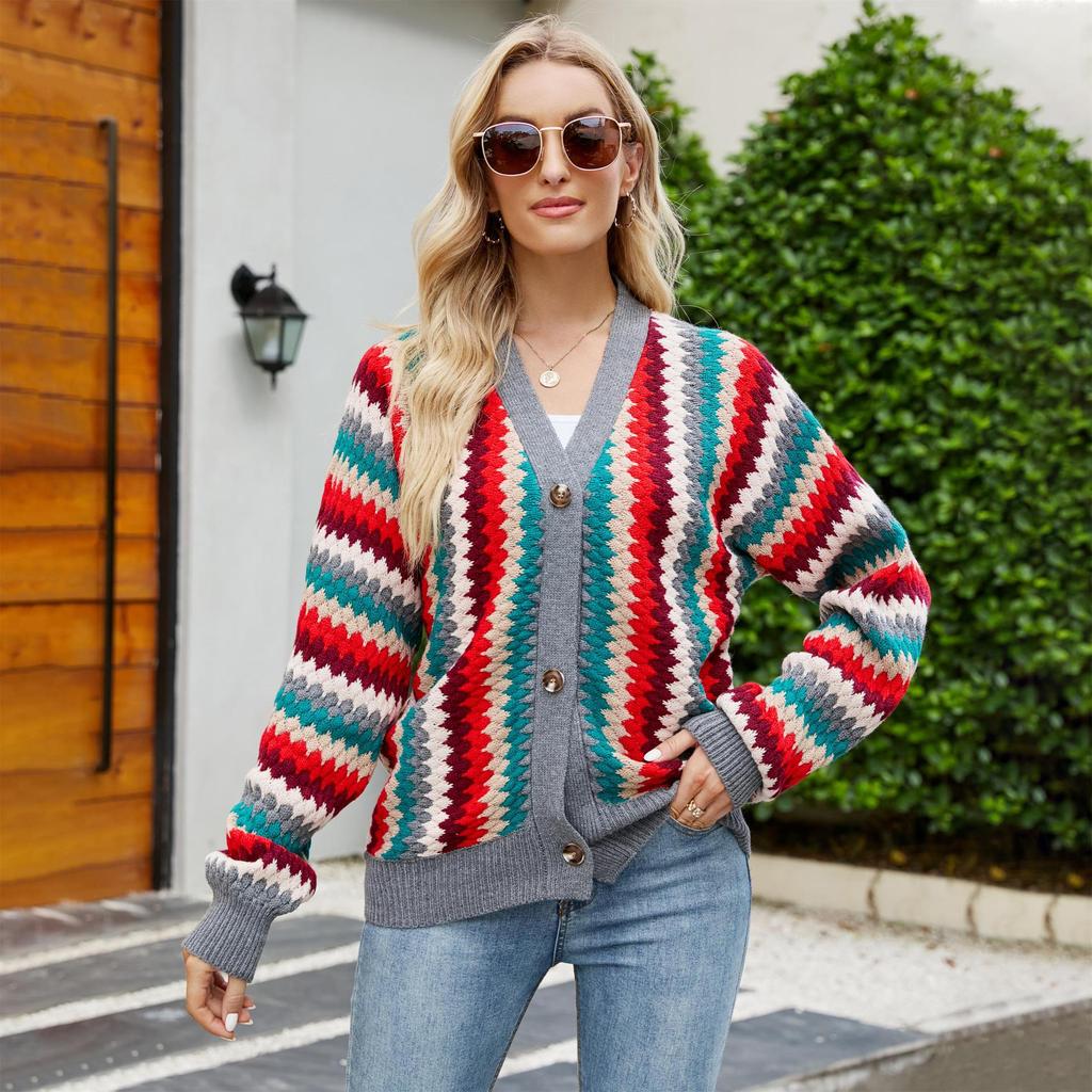 Autumn and Winter Striped New Loose Women's Knitwear Women's Single-breasted Cardigan Sweater Women