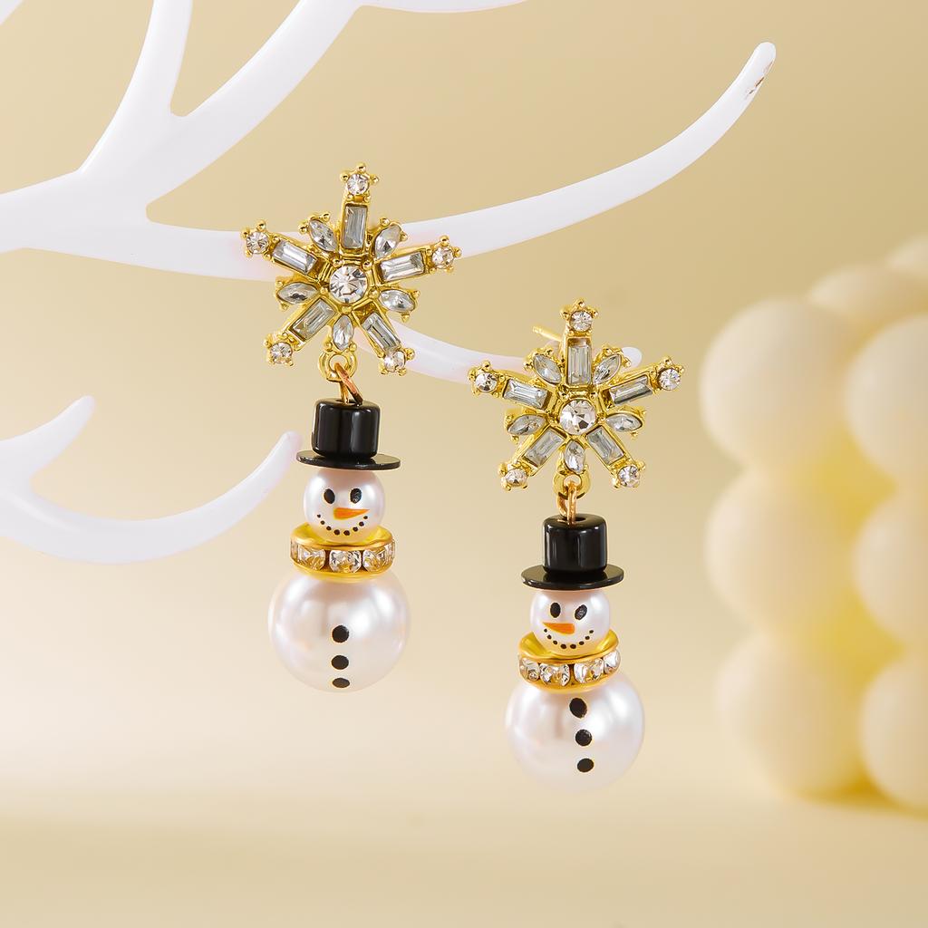 Fashion Christmas Snowman Snowflake Hoop Earrings For Women Pearl Crystal Piecring Cute Xmas Ear Jewelry New Year Gift