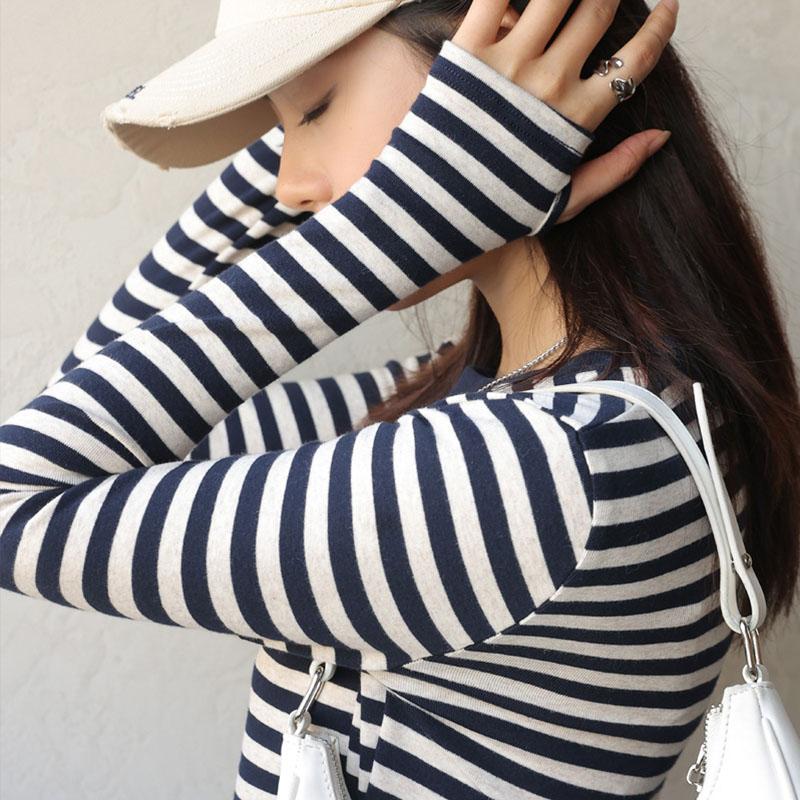 Весенне-осенняя женская блузка, полосатая футболка, топы с длинными рукавами под нижней рубашкой