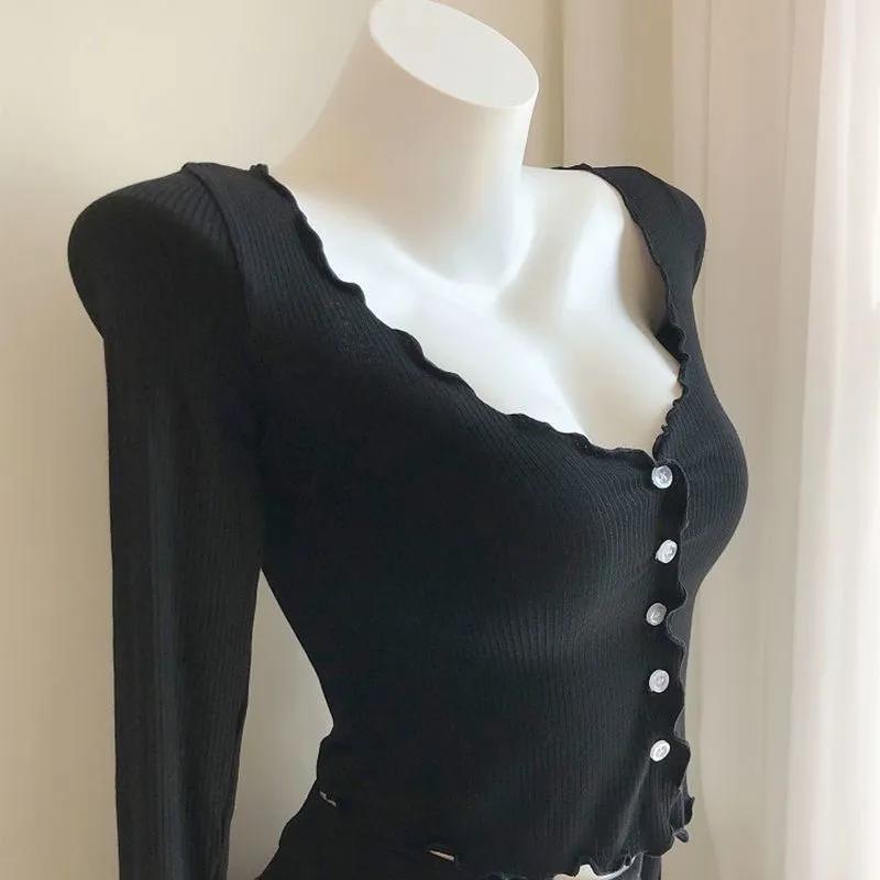 Женский розовый вязаный кардиган в рубчик с длинным рукавом, V-образным вырезом, на пуговицах, укороченный топ с отделкой воланами