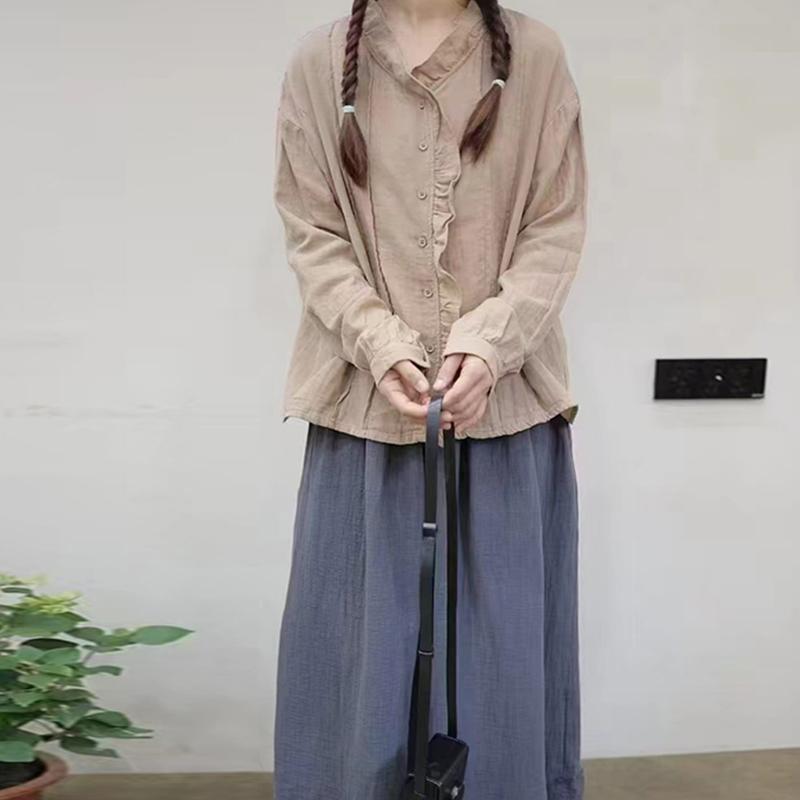 Johnature Винтажная рубашка женская весенняя V-образная горловина грибок кромка однобортный повседневный топ женский