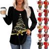 Women's Fashion Casual Pleated Round Neck Christmas Printed Long Sleeve T-Shirt Top