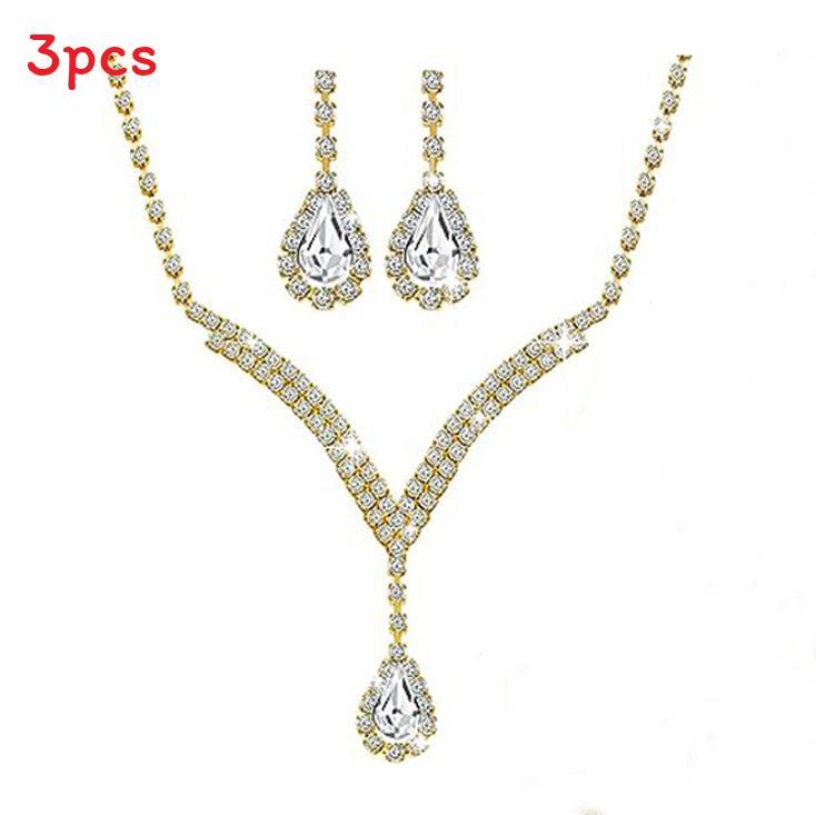 Water Drop Pendant Necklace And Earrings Set With Rhinestones For Elegant Bridal And Formal Wear