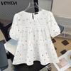 Women Summer O-neck Short Sleeve Ruffled Floral Print Casual Blouse