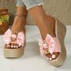 Fashion White Satin Bowknot Chunky Platyform Sandals for Women Fashion Chain Decor Wedge Heel Sandals Woman Thick Bottom Summer Slippers