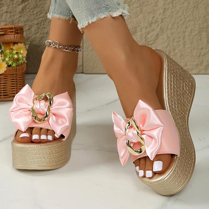 Fashion White Satin Bowknot Chunky Platyform Sandals for Women Fashion Chain Decor Wedge Heel Sandals Woman Thick Bottom Summer Slippers