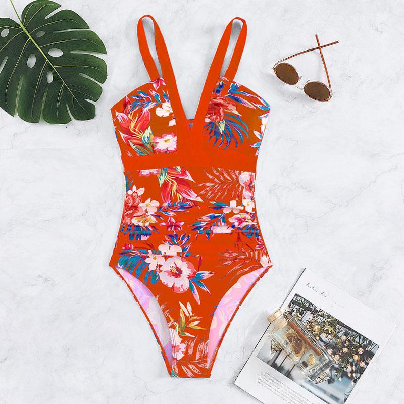 One Piece Women Swimwear Deep V Floral Print Swimsuit