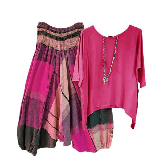 1 комплект, футболка, брюки, клетчатый узор, эластичный пояс, летняя блузка с неровным подолом, широкие брюки, уличная одежда