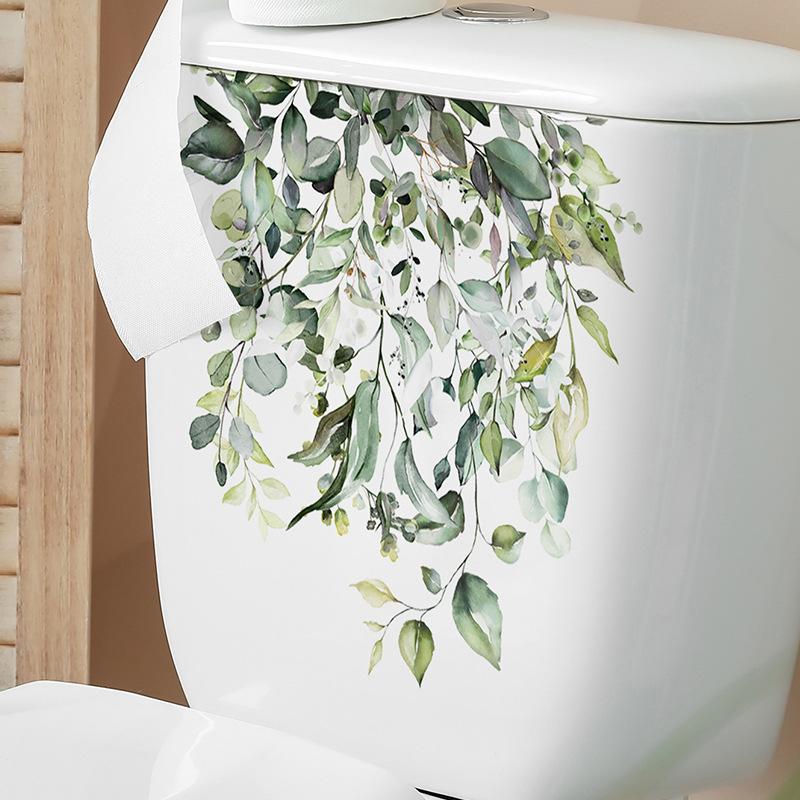 Green Plant Leaves Flower Toilet Stickers Bathroom Wall Decor Decals Living Room Home Decoration Beautify Self-Adhesive Poster