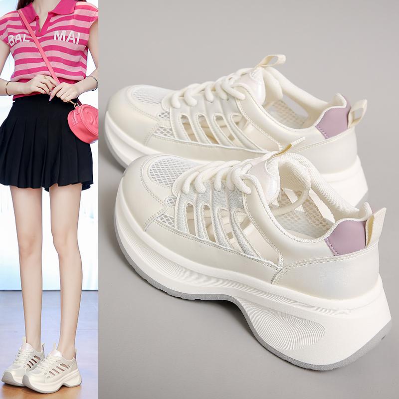 Мода 2025 Новые Летние Тонкие Сетчатые Красные Кроссовки Женские Скрытая Платформа Спортивная Обувь Универсальная Повседневная Толстая Подошва Белые Сетчатые Туфли