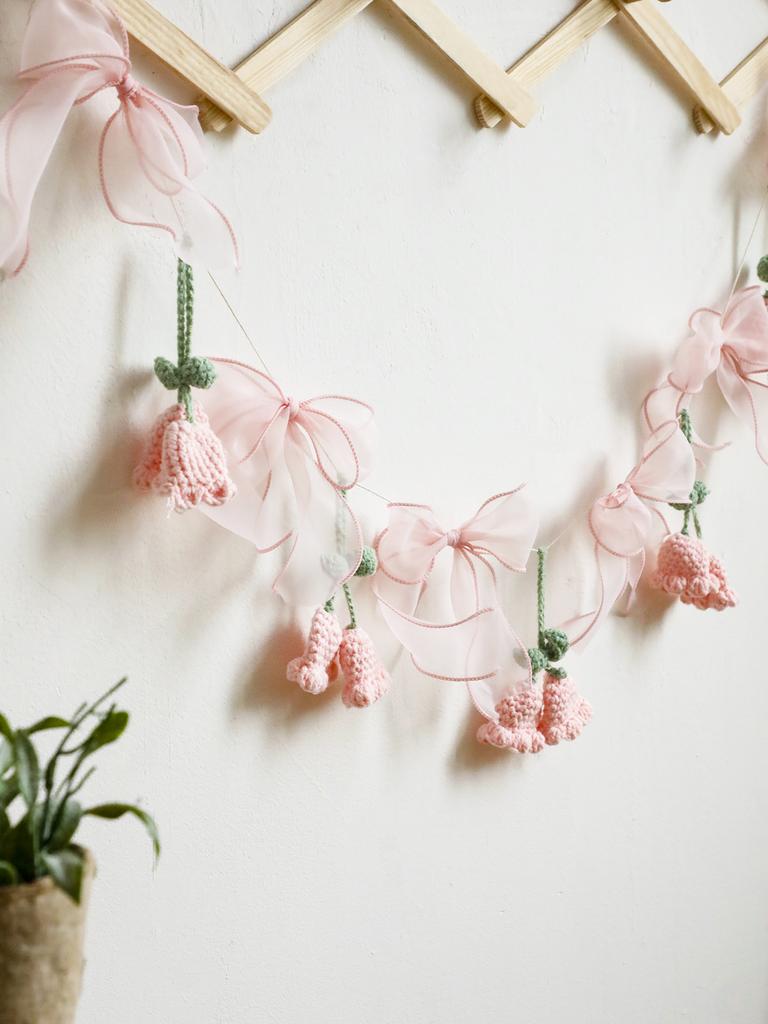 Ручная работа, гирлянда из вязаных цветов, розовый цветочный баннер с бантами, для детского душа, свадьбы, детской комнаты, вечеринки, бохо-декор стен, подарки