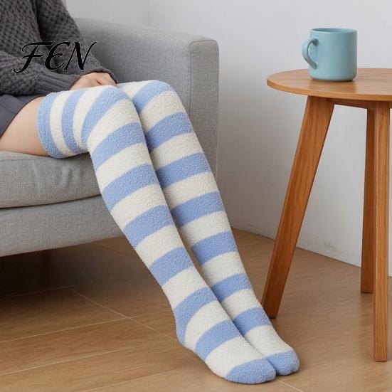 Thermal Plush Crew Socks Striped for Women, Coral Fleece Winter Socks, Soft Thickened Knee High Stockings, Warm Sleeping Home And Casual Wear Velvet