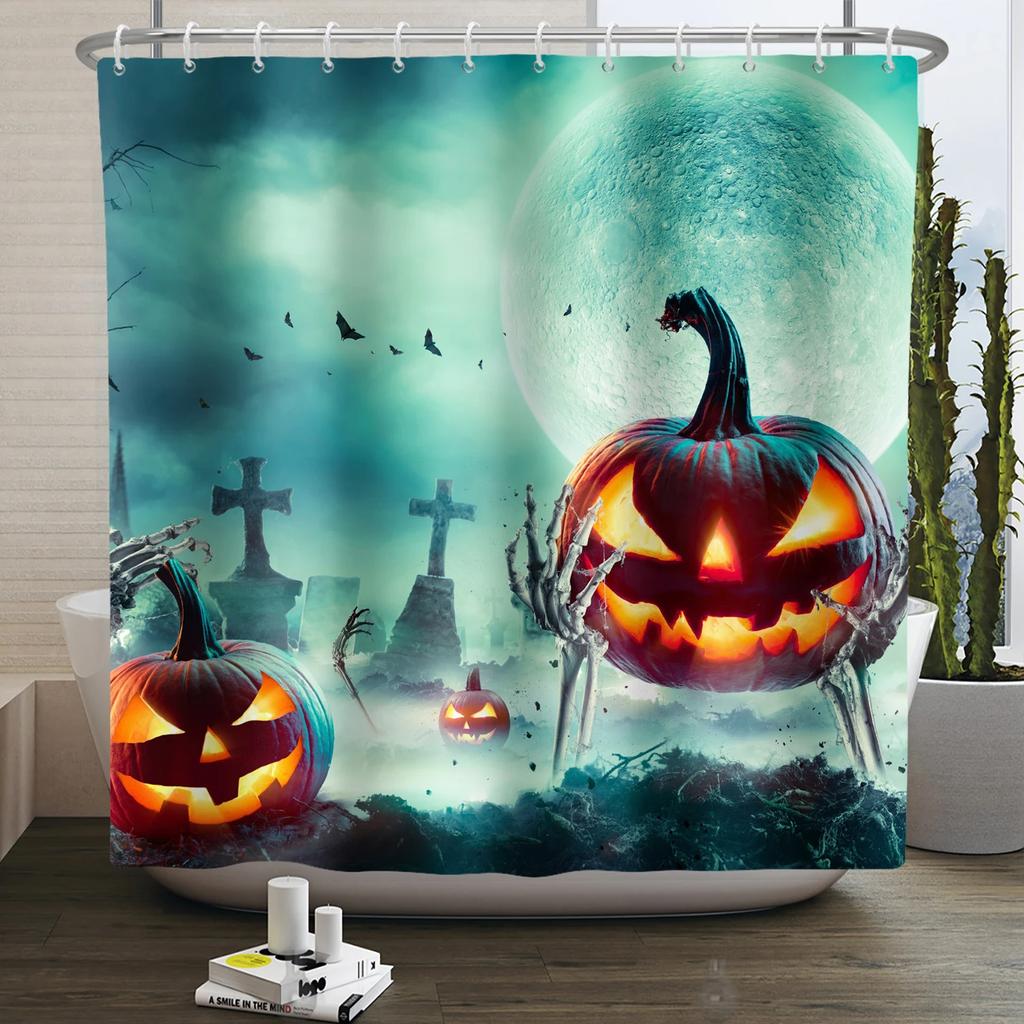 Хэллоуин Занавеска для душа Ужас Лунная ночь Тыква Череп Скелет Страшный Замок Ведьма Призрак Кладбище Водонепроницаемые Занавески для ванной