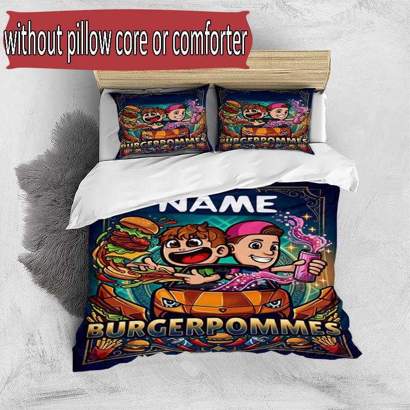 3pcs Duvet Cover Set (1*Duvet Cover + 2*Pillowcase, Without Core), Custom Name Burgerpommes Pattern Bedding Set, Home Bedroom Decor Gift