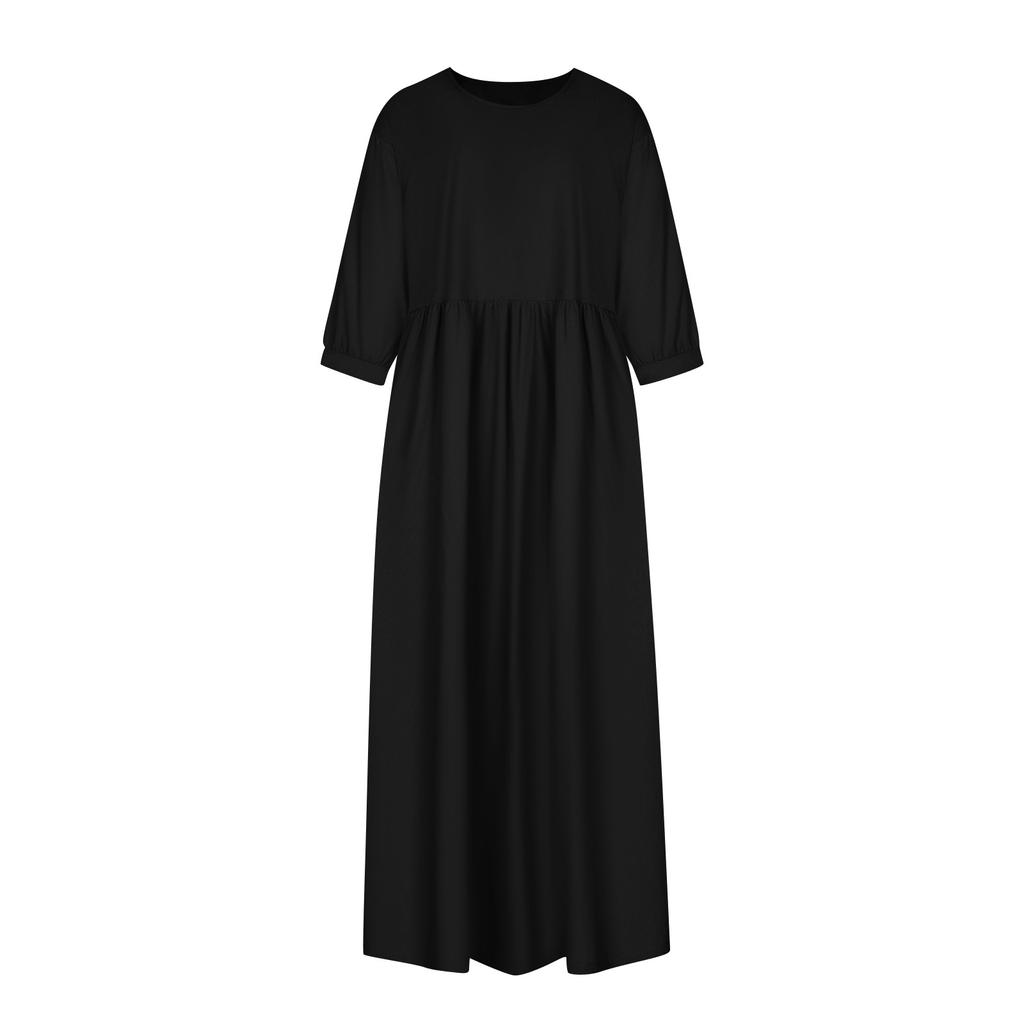 Женское модное однотонное свободное хлопково-льняное длинное платье с карманами и средними рукавами