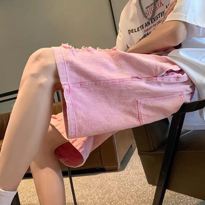 Розовые джинсовые шорты с прорезями Летние тонкие Американский хай-стрит Брюки длиной пять четвертей Модный бренд Свободные брюки средней длины Повседневные брюки