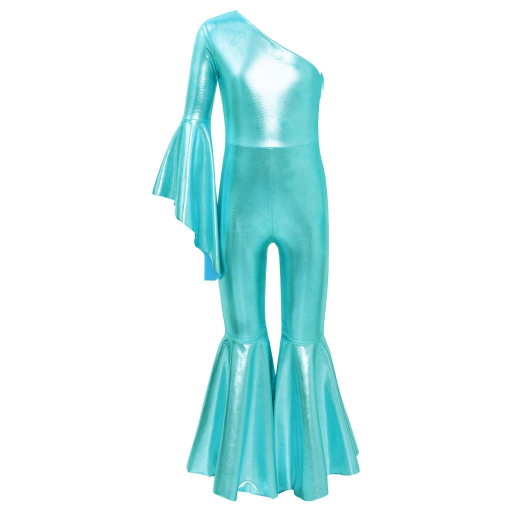 Kids Girls Romper Shiny Metallic One Shoulder Flare Sleeve Bodysuit Dance Jumpsuit Gymnastics Figure Skating Dance Wear