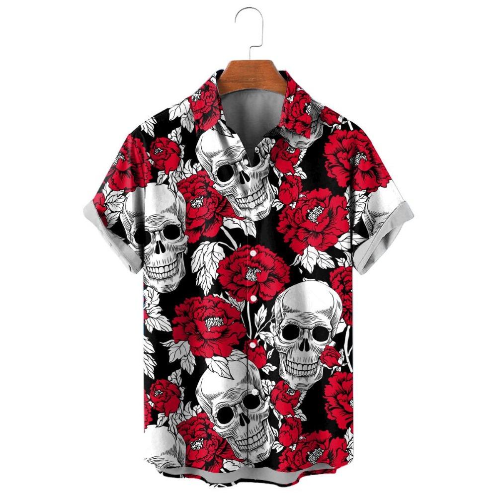 Модные мужские рубашки с цветочным принтом в виде черепа, забавный 3D-принт черепа, уличная одежда, футболки с коротким рукавом, гавайские рубашки с принтом на лацканах для мужчин