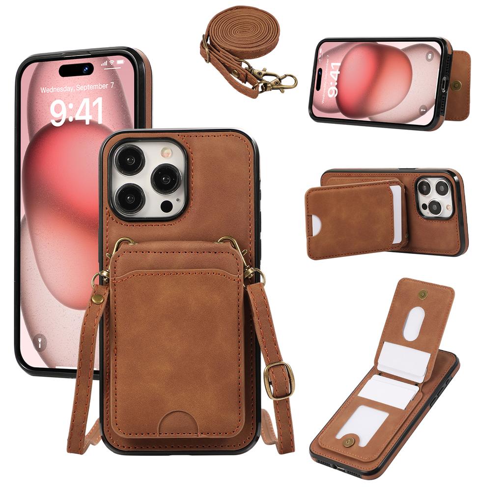 For iPhone 15 Pro Max Case Card Holder Kickstand Leather+TPU Phone Cover with Shoulder Strap